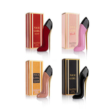 Load image into Gallery viewer, Nice Girl 4 PC Mini Perfume Gift Set for Women, Sweet Vanilla Floral Fragrance, Tuberose, Rose, Amber, Cacao, Powdery Almond, Travel Size 30ml Eau De Parfum, Classic, Velvet, Glitter, & Blush