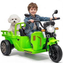 Load image into Gallery viewer, 3-Wheels Electric Tricycle w/Trailer, 12V Battery Powered Kids Motorcycle with Sand Shovel, 2x55W Motors, Bluetooth, Music, Headlight, Ride on Motorcycle for Kids Toddlers, Gift for Boys Girls, Green