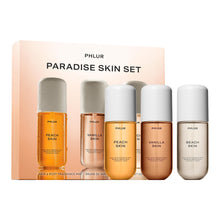 Load image into Gallery viewer, PHLUR Paradise Skin Set ($75 Value) - Travel Size Body Mist Gift Set - Peach Skin, Vanilla Skin, & Beach Skin - Travel Size Hair and Body Fragrance Mist Trio (3 x 3 fl oz)