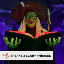 Load image into Gallery viewer, Haunted Hill Farm Life-Size Talking Witch Holding Spell Book, Halloween Animatronic with Touch Activated Lights and Sound, Poseable, Battery Operated Indoor or Covered Outdoor Halloween Decorations