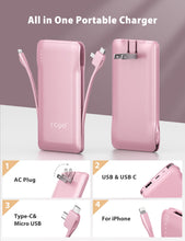 Load image into Gallery viewer, TG90° 10000mAh External Battery Pack with Built-in AC Wall Plug, Compact Cell Phone Portable Charger with Cables Power Bank Compatible with iPhone and Android Devices