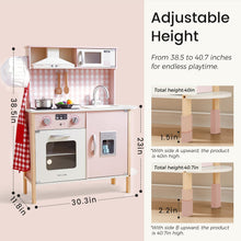 Load image into Gallery viewer, Tiny Land Kids Kitchen Playset, Height Adjustable Wooden Play Kitchen Set w/Real Lights & Sounds, 18 Pcs Toy Food & Cookware Accessories, Ideal Role Play Toy Gift for Toddlers Girls Ages 3-8, Pink