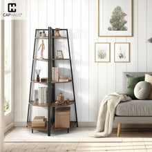 Load image into Gallery viewer, CAPHAUS Tall Corner Shelf Stand, 5-Tier Display Shelves, Ladder Corner Wood Storage Plant Bookshelf with Metal Frame, Versatile Shelving Unit Bookcase for Home Office Space, Rustic Oak