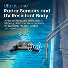 Load image into Gallery viewer, Betta SE Solar Powered Automatic Robotic Pool Surface Skimmer Cleaner with 24/7 Continuous Cleaning Battery Power and Re-Engineered Twin Salt Chlorine Tolerant Motors (Blue)