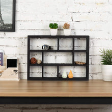 Load image into Gallery viewer, MyGift 9 Compartment Modern Black Solid Wood Shadow Box, Wall Mountable Curio Display Case, Freestanding or Floating Shelf for Collectible Figurines, Succulents