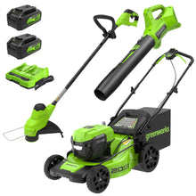 Load image into Gallery viewer, Greenworks 48V (24V x 2) 20" Brushless Cordless Lawn Mower + 12" String Trimmer + 320 CFM Leaf Blower Combo Kit with (2) 4.0Ah Batteries & Dual Port Fast Charger