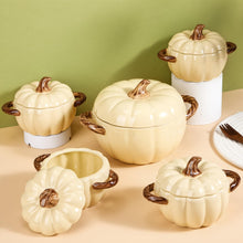 Load image into Gallery viewer, Maxdot Set of 5 Ceramic Pumpkin Bowls with Lid and Handles Pumpkin Shape Soup Serving Pot Storage Jar for Fall Thanksgiving Halloween Party Kitchen Dessert Decoration 17Oz & 54Oz(Cream Yellow)