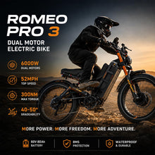 Load image into Gallery viewer, 2026 eAhora Romeo Pro 3 Electric Bike for Adult, Peak 5600W Dual Motor, 50mph, 60V 80Ah Battery, 250 Miles Long Range, 26”*4.0 Fat Tire, Air Suspension, App, Commute, Delivery, All-terrian