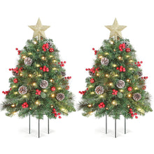 Load image into Gallery viewer, OasisCraft 33 Inch Outdoor Christmas Tree Frosted Urn Filler 2 Set, Pre-lit Artificial Xmas Tree with 50 LED Lights, Realistic Carolina Pine and Berries for Pathway, Porch, Driveway, Yard