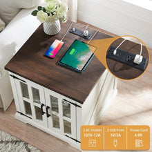 Load image into Gallery viewer, Barnyatoh Farmhouse End Table with Charging Station,24" Large Sofa Side Table with Glass Barn Door, Rustic Wood Nightstand Bedside Table with Adjustable Storage Shelf for Living Room, Bedroom,White