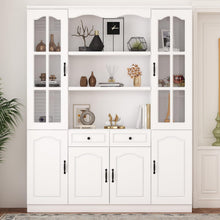 Load image into Gallery viewer, Homsee Tall Bookcase Bookshelf with Shelves, Drawers & 2 Carved Glass Doors, Wooden Display Storage Cabinet with 14 Compartments for Home Office, Living Room, White (63" W x 15.7”D x 78.7”H)