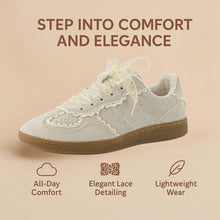 Load image into Gallery viewer, CUSHIONAIRE Belinda Women’s Lace Detail Casual Sneakers – Elegant Ribbon Lace-Up Shoes with Memory Foam, Ivory Vegan Suede 7