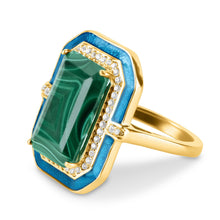 Load image into Gallery viewer, MAX + STONE 9.6 Carat Big Malachite Gemstone Ring with Blue Enamel | 14K Gold over Sterling Silver Green Malachite Rings for Women | Hypoallergenic May Birthstone Malachite Statement Ring