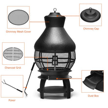 Load image into Gallery viewer, Giantex Wood Burning Chiminea, Heavy Duty Fireplace Chimenea Wooden Fire Pit with 2-Piece Log Grate, Premium Rain Cap & Fire Poker, 360°Fire Retardant Mesh Cover, Ideal for Garden, Patio, Backyard