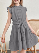 Load image into Gallery viewer, blibean Girl Short Sleeve Dress Tween Kid Summer Boho Ruffle Dresses Preteen Tiered Swing Outfit Solid Flowy Formal Party Fancy Clothes Size 8-9 Years Large Grey