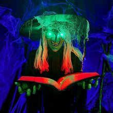 Load image into Gallery viewer, Haunted Hill Farm Life-Size Talking Witch Holding Spell Book, Halloween Animatronic with Touch Activated Lights and Sound, Poseable, Battery Operated Indoor or Covered Outdoor Halloween Decorations