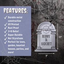Load image into Gallery viewer, 3-D Metal Halloween Ghost XL 17" Tombstone w Stakes -BERRY D HATCHET- Durable, Rustproof, UV Raised Printing- Upgrade Your Haunted House Mansion w Cemetary Lawn Decor- No More Flimsy Foam Graveyards