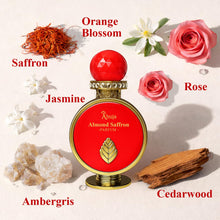Load image into Gallery viewer, AHUJA Almond Saffron – 3.4 oz Parfum | Unisex Warm Floral Saffron Scent | 30% Long Lasting Oil | Saffron, Jasmine, Orange Blossom, Rose, Ambergris, Cedarwood | Luxury Orange Gift Box