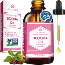 Load image into Gallery viewer, Leven Rose Jojoba Oil Organic, Pure Cold Pressed Natural Unrefined Moisturizer for Skin Hair and Nails 4 oz
