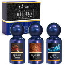 Load image into Gallery viewer, Body Spray for Men, Mens Fragrance Mist, Travel Size Set, 3 Pack, 60 ml / 2.1 fl oz, Crimson Ember, Aqua Reverie, Woodland Noir