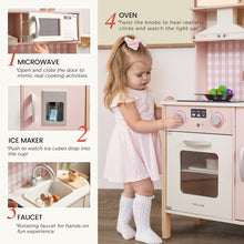 Load image into Gallery viewer, Tiny Land Kids Kitchen Playset, Height Adjustable Wooden Play Kitchen Set w/Real Lights & Sounds, 18 Pcs Toy Food & Cookware Accessories, Ideal Role Play Toy Gift for Toddlers Girls Ages 3-8, Pink