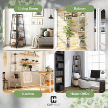 Load image into Gallery viewer, CAPHAUS Tall Corner Shelf Stand, 5-Tier Display Shelves, Ladder Corner Wood Storage Plant Bookshelf with Metal Frame, Versatile Shelving Unit Bookcase for Home Office Space, Rustic Oak