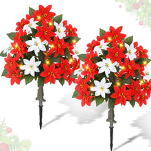 Load image into Gallery viewer, Thiccywoov 2 Pack 3ft Christmas Artificial Poinsettia Flowers Urn Filler Outdoor Prelit Topiary Trees Large Lighted Poinsettias Faux Poinsettia Trees with LED Lights Stake for Porch Yard (Red,White)