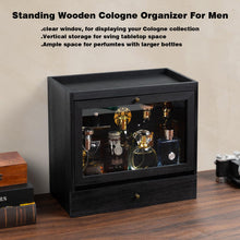 Load image into Gallery viewer, Emfogo Cologne Organizer for Men, Solid Wood Perfumes Organizer for Men Dresser, Large Capacity Dustproof Cologne Holder with Drawer Storage Perfume Stand Organizer, Gift for Men (Black)