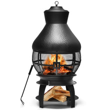 Load image into Gallery viewer, Giantex Wood Burning Chiminea, Heavy Duty Fireplace Chimenea Wooden Fire Pit with 2-Piece Log Grate, Premium Rain Cap & Fire Poker, 360°Fire Retardant Mesh Cover, Ideal for Garden, Patio, Backyard