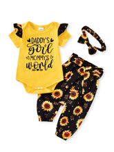 Load image into Gallery viewer, AMAWMW Baby Girl Clothes Set Daddys Girl Mommys World Ruffle Romper Top Floral Pants Newborn Infant Girl Outfit, D-Yellow, 12-18 Months