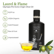 Load image into Gallery viewer, World's Best Gold Award - Laurel & Flame Olympia PGI Olive Oil Extra Virgin - Polyphenol Rich (706 MG/KG) - USDA Organic - Multiple Award Winning – 60X Hydroxytyrosols - Early Harvest - Cold Pressed (500 ml/16.9 fl oz)