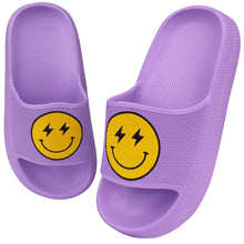 Load image into Gallery viewer, LIZICU Kids Happy Face Cloud Slides丨Pillow Slippers for Boys Girls丨Quick Drying Bathroom Shower Slippers丨Summer Beach Pool Slippers| Thick Sole Non-Slip Lightning Purple 3 Big Kid