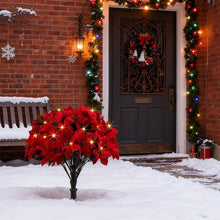Load image into Gallery viewer, 2PCS Artificial Poinsettia Flower Topiary Trees with Lights,Christmas Topiary Balls Trees with Ground Spike,Pre-Lit Christmas Tree Urn Filler,UV Resistant Faux Poinsettias Bush for Porch,Yard Decor