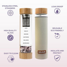 Load image into Gallery viewer, The Brave Soul Crystal Water Bottle, Slim Crystal Water Bottle Tea Infuser, Double Wall Glass for Hot and Cold Drinks. Slim Crystal Water Bottles with Crystals Inside. Eco-friendly & Relaxing Gifts