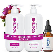 Load image into Gallery viewer, Routine Wellness Shampoo and Conditioner Set and Hair Serum for Thinning Hair - DHT Blocker Women & Men - Color Safe Shampoo for Hair Loss & Healthier Hair - Rose Hips Set + Hair Serum