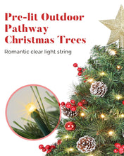 Load image into Gallery viewer, OasisCraft 33 Inch Outdoor Christmas Tree Frosted Urn Filler 2 Set, Pre-lit Artificial Xmas Tree with 50 LED Lights, Realistic Carolina Pine and Berries for Pathway, Porch, Driveway, Yard