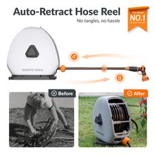Load image into Gallery viewer, Giraffe Tools Retractable Heavy Duty Hose Reel, 5/8" x 92FT Automatic Rewind Garden Hose Reel with 360° Swivel Base, Ground Mounted for Lawn, Patio, Concrete Floor & Yard Watering