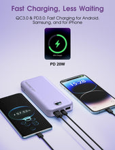 Load image into Gallery viewer, Portable Charger, 10000mAh PD20W USB C Fast Charging Power Bank with Built-in Cables and AC Wall Plug, Smart LED Display Travel Essentials Battery Pack Compatible with iPhone, iPad, Samsung etc Purple