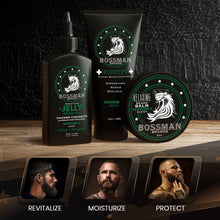 Load image into Gallery viewer, Bossman Essentials Beard Kit for Men - Beard Oil Jelly, Fortifying Conditioner Cream, Beard Balm - Grooming Growth Care Accessories (Vetiver X)