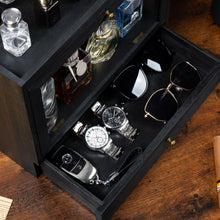 Load image into Gallery viewer, Emfogo Cologne Organizer for Men, Solid Wood Perfumes Organizer for Men Dresser, Large Capacity Dustproof Cologne Holder with Drawer Storage Perfume Stand Organizer, Gift for Men (Black)