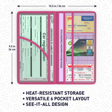 Load image into Gallery viewer, Pink Magnetic Shut Insurance and Registration Holder, Premium PU Leather Glove Box Organizer for Car, Popular Car Accessories for Girls, Organize Vehicle Documents with style, Size 9.5 in x 5.1 in