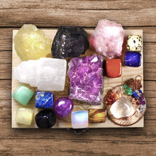Load image into Gallery viewer, AtPerry's 16 LARGE Natural Healing Crystals Set in Wooden Box - Tumbled, Rough & Raw Crystals, Including Selenite Tower, Black Tourmaline, Amethyst, Rose Quartz, Lapiz Lazuli, Citrine & Tiger's Eye
