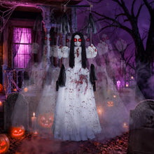 Load image into Gallery viewer, MACLLYN Halloween Decorations Outdoor,Scary Hanging Swinging Girl Props Sound & Lighted Eyes,Halloween Outside Ghosts for Haunted House Yard Porch, Party Decor