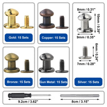 Load image into Gallery viewer, YORANYO 75 Sets 8MM Round Head Button Stud for Leather Chicago Screws Spikes and Stud Leather Rivets Screws Button Rivets for Repair and Decorate Clothing Shoes Belts Bags Dog Collars (Mixed in Box)
