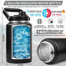 Load image into Gallery viewer, 1 Gallon Insulated Water Bottle with Sleeve - 128 Oz Stainless Steel Water Jug with Handle - Wide Mouth Water Flask with Camo Tactical Carrying Bag for Outdoors, Sport, Gym, Hiking (Black)
