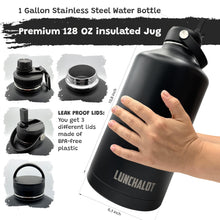 Load image into Gallery viewer, 1 Gallon Water Bottle Insulated - 128 Oz Stainless Steel Metal Water Jug with Holder - | Carrying Bag | Spout Handle | Straw Lids | Keep Cold & Hot | - Black Tactical Flask for Travel Hiking Sport