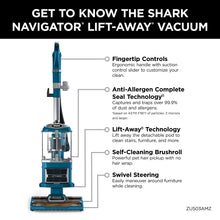Load image into Gallery viewer, Shark Upright Vacuum, Navigator Lift-Away with Self-Cleaning Brushroll, HEPA Filter, Swivel Steering, Upholstery Tool & Pet Crevice Tool, Perfect for Pets & Multi-Surface, Teal, ZU503AMZ