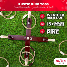 Load image into Gallery viewer, SWOOC Games - Rustic Ring Toss Game (All Weather) - Easy Setup & Extra Games Included - Outdoor Ring Toss Game for Adults and Kids - Yard Activity For Adults - Oversized Lawn Activity - Rope Throw Set