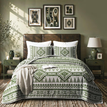 Load image into Gallery viewer, akkialla Reversible Green Boho Twin Quilt Set, 2-Piece Bohemian Aztec Microfiber Bedspread, Soft Lightweight All-Season Coverlet (1 Quilt, 1 Sham)