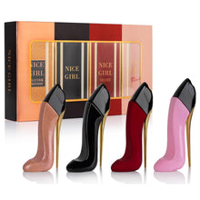 Load image into Gallery viewer, Nice Girl 4 PC Mini Perfume Gift Set for Women, Sweet Vanilla Floral Fragrance, Tuberose, Rose, Amber, Cacao, Powdery Almond, Travel Size 30ml Eau De Parfum, Classic, Velvet, Glitter, & Blush